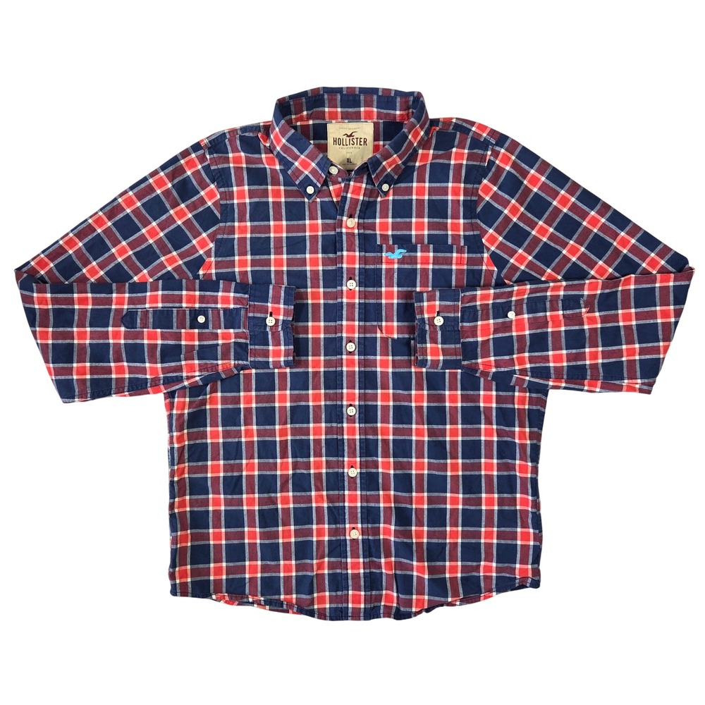 Hollister Mens XL Plaid Button Down Shirt Red Long Sleeve Cotton XL Preppy Beach